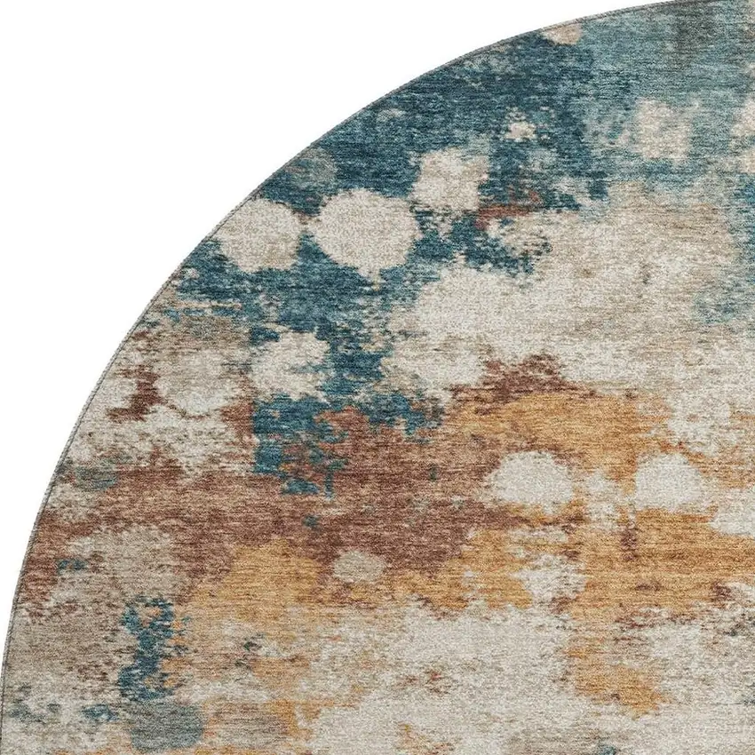 8' Teal And Copper Abstract Washable Round Rug With UV Protection Photo 3