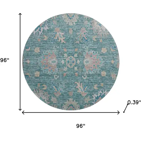 8' Teal And Copper Oriental Washable Round Rug With UV Protection Photo 8
