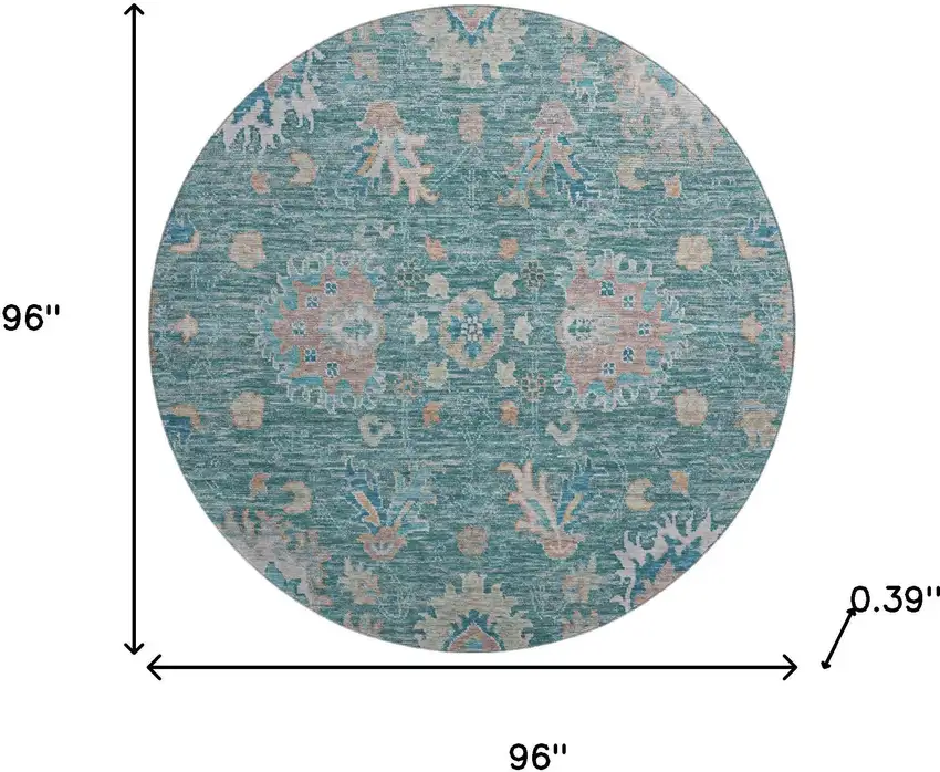 8' Teal And Copper Oriental Washable Round Rug With UV Protection Photo 8
