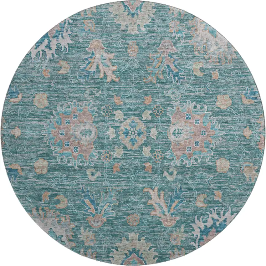 8' Teal And Copper Oriental Washable Round Rug With UV Protection Photo 1