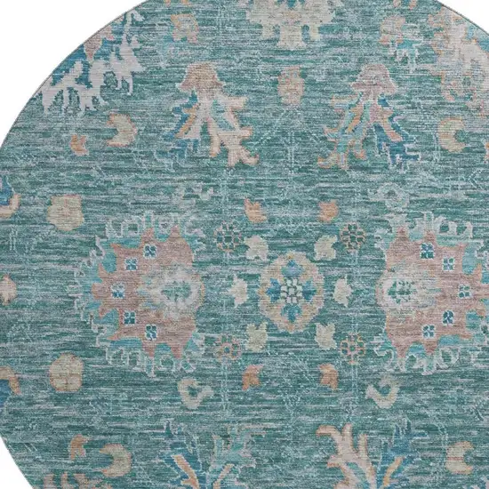 8' Teal And Copper Oriental Washable Round Rug With UV Protection Photo 3