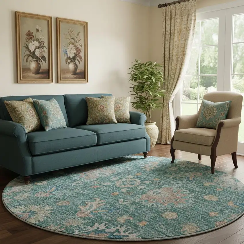 8' Teal And Copper Oriental Washable Round Rug With UV Protection Photo 2