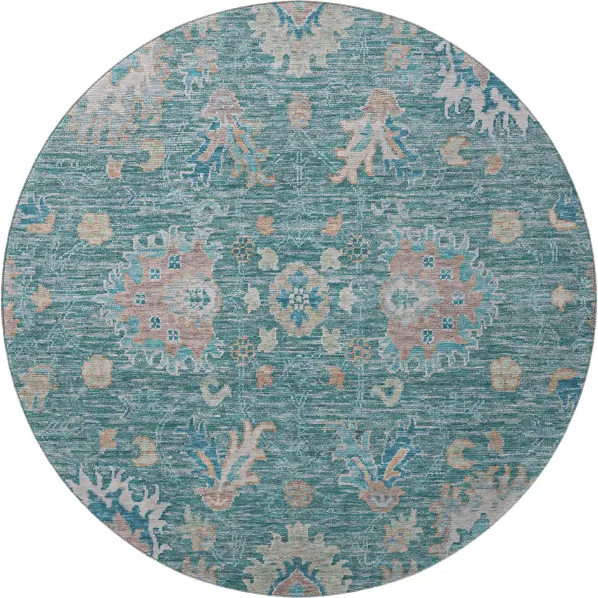 8' Teal And Copper Oriental Washable Round Rug With UV Protection Photo 4