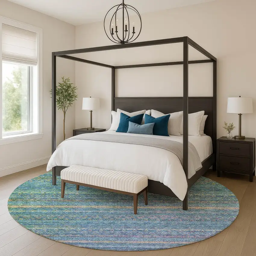 8' Teal And Copper Striped Washable Round Rug With UV Protection Photo 5