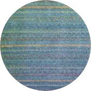 Photo of 8' Teal And Copper Striped Washable Round Rug With UV Protection