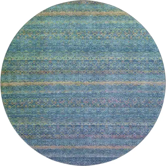8' Teal And Copper Striped Washable Round Rug With UV Protection Photo 1