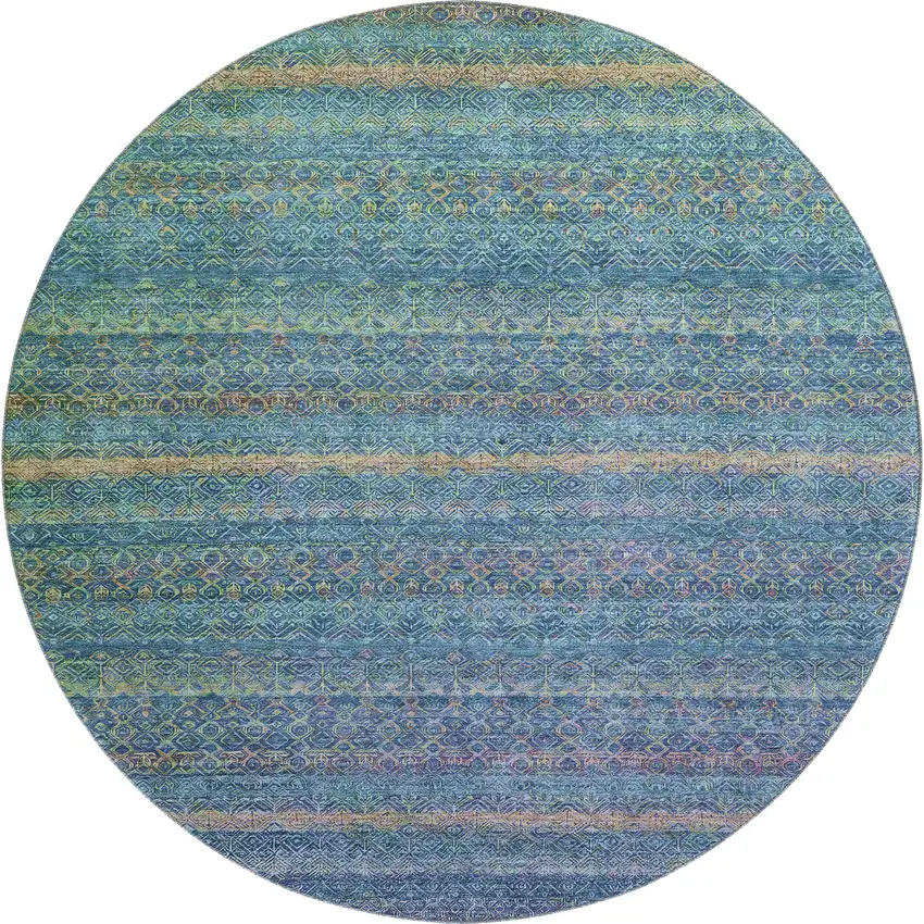 8' Teal And Copper Striped Washable Round Rug With UV Protection Photo 1