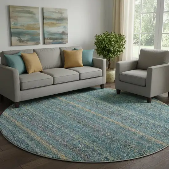 8' Teal And Copper Striped Washable Round Rug With UV Protection Photo 2