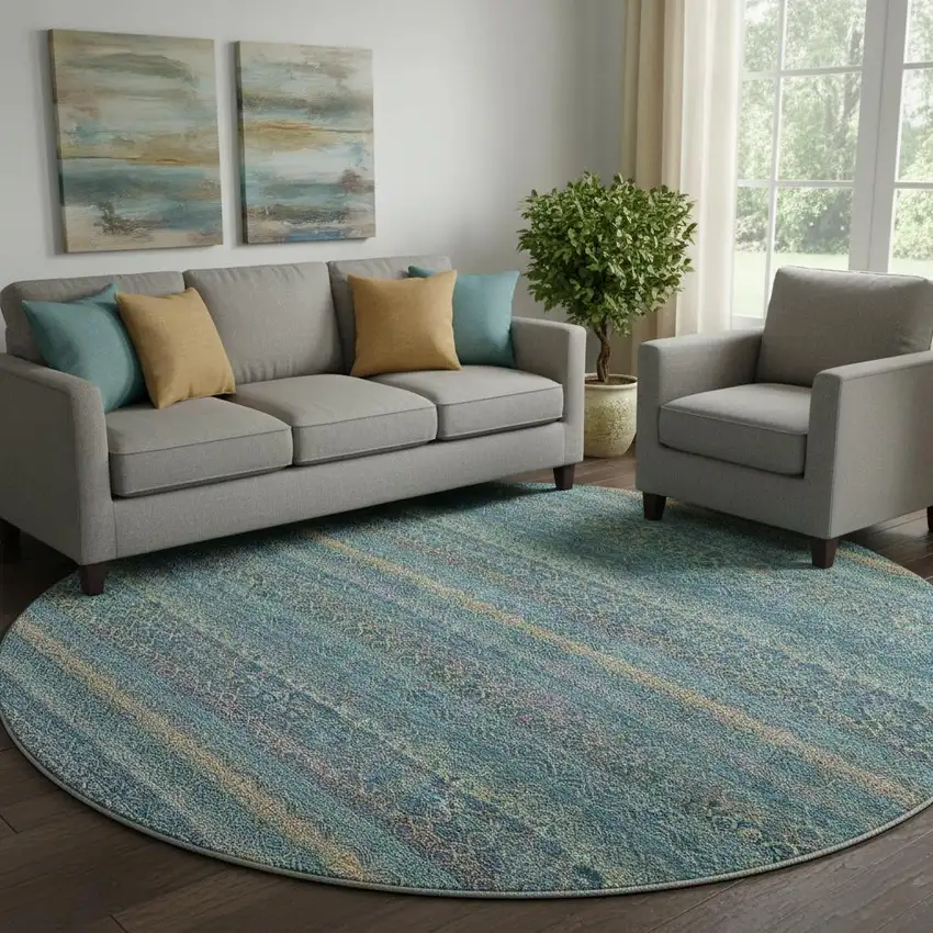 8' Teal And Copper Striped Washable Round Rug With UV Protection Photo 2