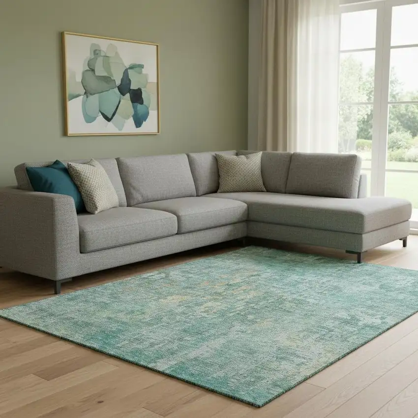 8' Teal And Gold Abstract Washable Area Rug With UV Protection Photo 2