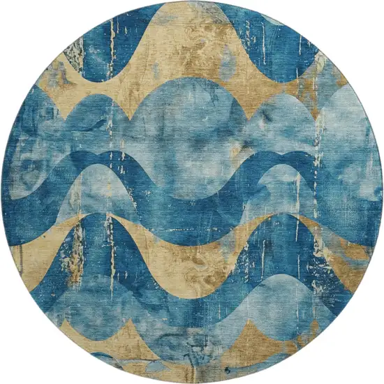 8' Teal And Gold Abstract Washable Round Rug With UV Protection Photo 1
