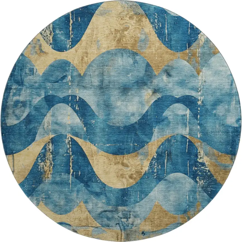 8' Teal And Gold Abstract Washable Round Rug With UV Protection Photo 1