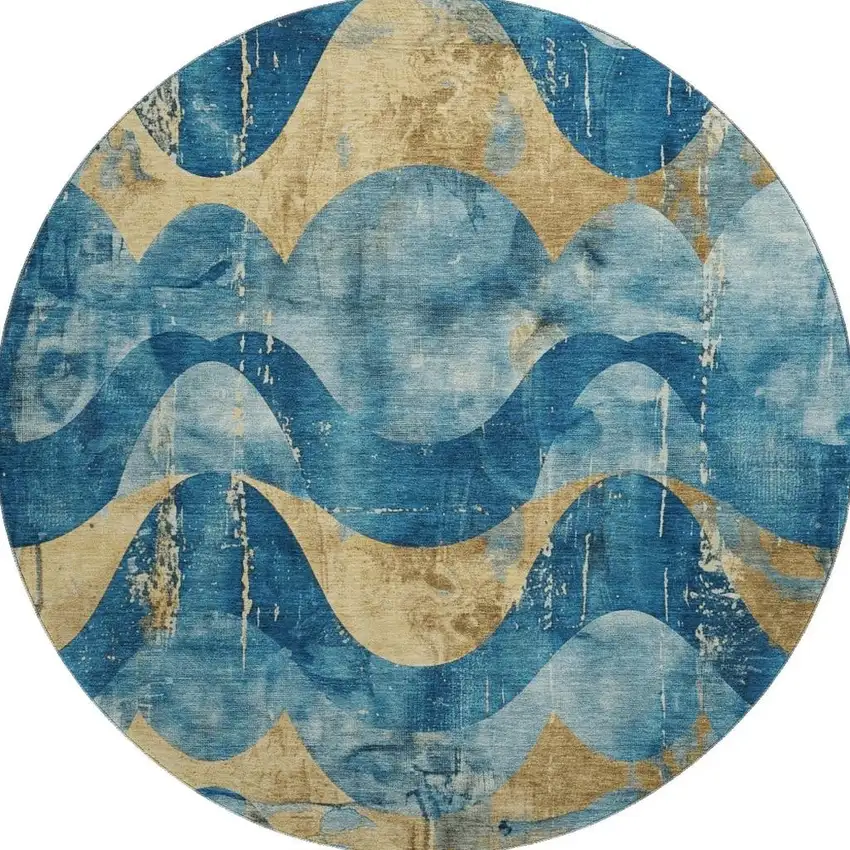8' Teal And Gold Abstract Washable Round Rug With UV Protection Photo 2