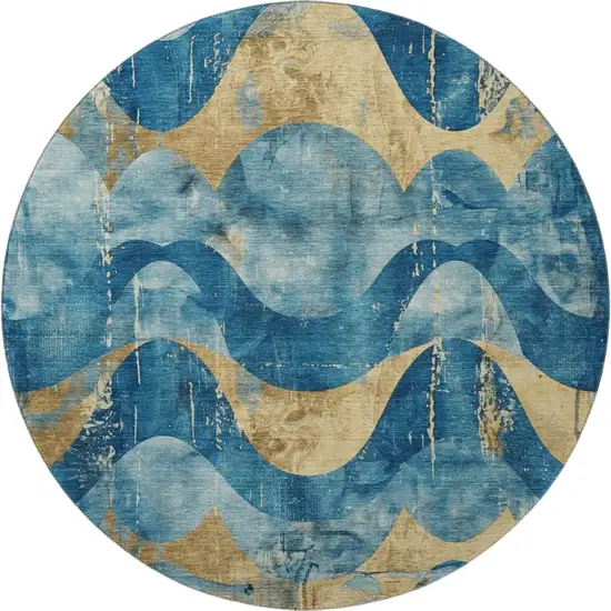 8' Teal And Gold Abstract Washable Round Rug With UV Protection Photo 3