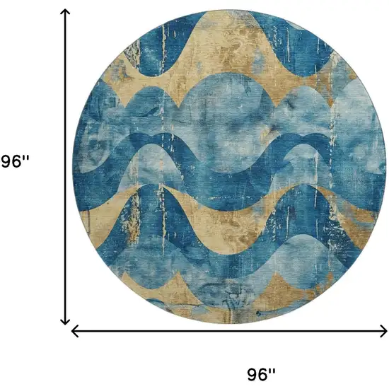 8' Teal And Gold Abstract Washable Round Rug With UV Protection Photo 9