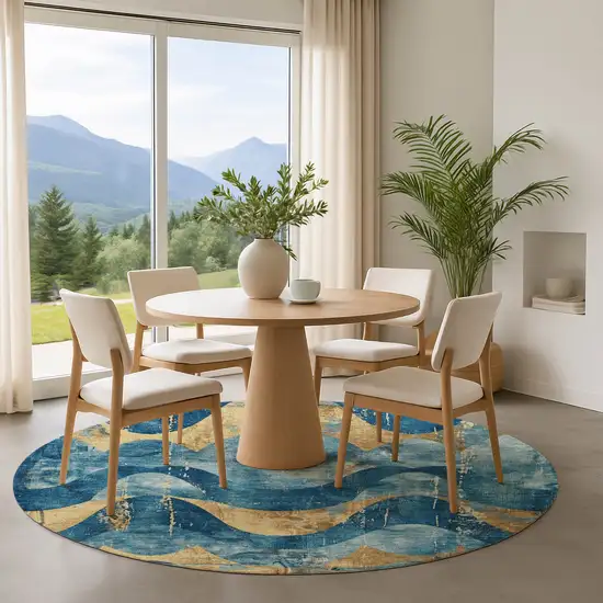 8' Teal And Gold Abstract Washable Round Rug With UV Protection Photo 4