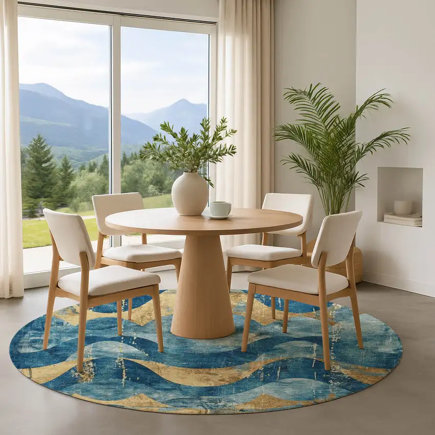 8' Teal And Gold Abstract Washable Round Rug With UV Protection Photo 4