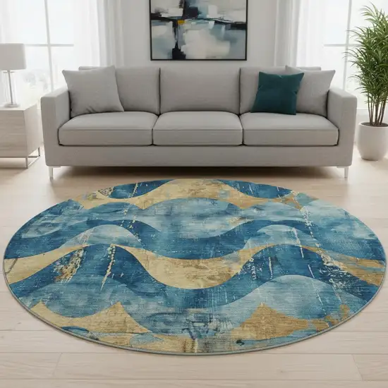 8' Teal And Gold Abstract Washable Round Rug With UV Protection Photo 2