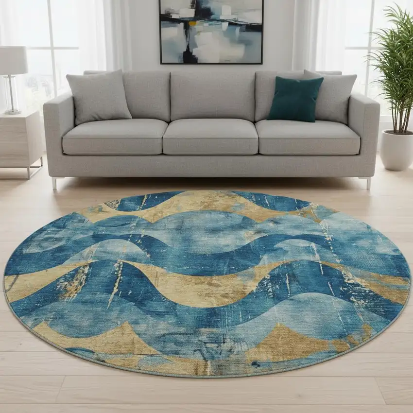 8' Teal And Gold Abstract Washable Round Rug With UV Protection Photo 2