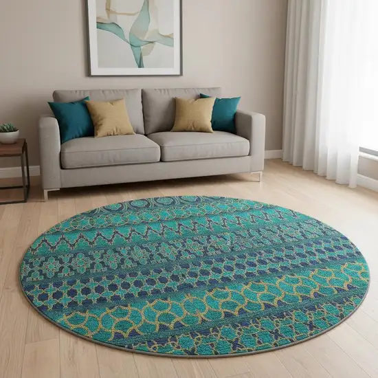 8' Teal And Gold Ikat Washable Round Rug With UV Protection Photo 2