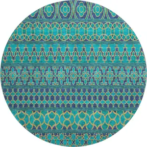 Photo of 8' Teal And Gold Ikat Washable Round Rug With UV Protection