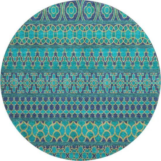 8' Teal And Gold Ikat Washable Round Rug With UV Protection Photo 1