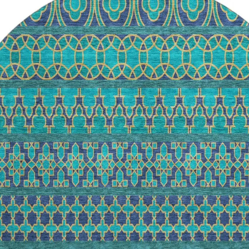 8' Teal And Gold Ikat Washable Round Rug With UV Protection Photo 3
