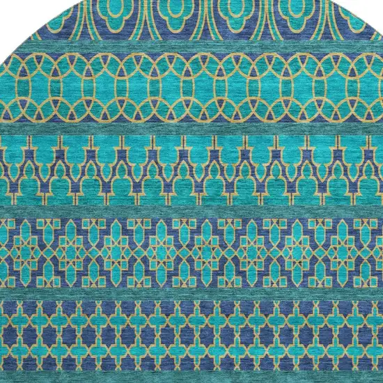 8' Teal And Gold Ikat Washable Round Rug With UV Protection Photo 3
