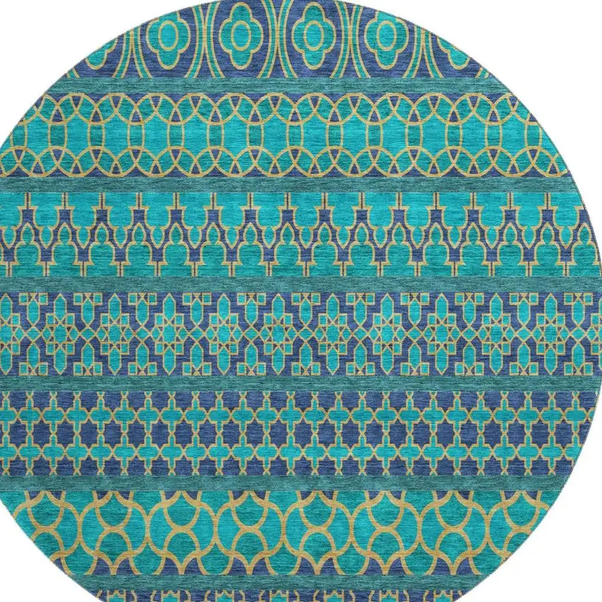 8' Teal And Gold Ikat Washable Round Rug With UV Protection Photo 4