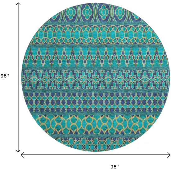8' Teal And Gold Ikat Washable Round Rug With UV Protection Photo 3