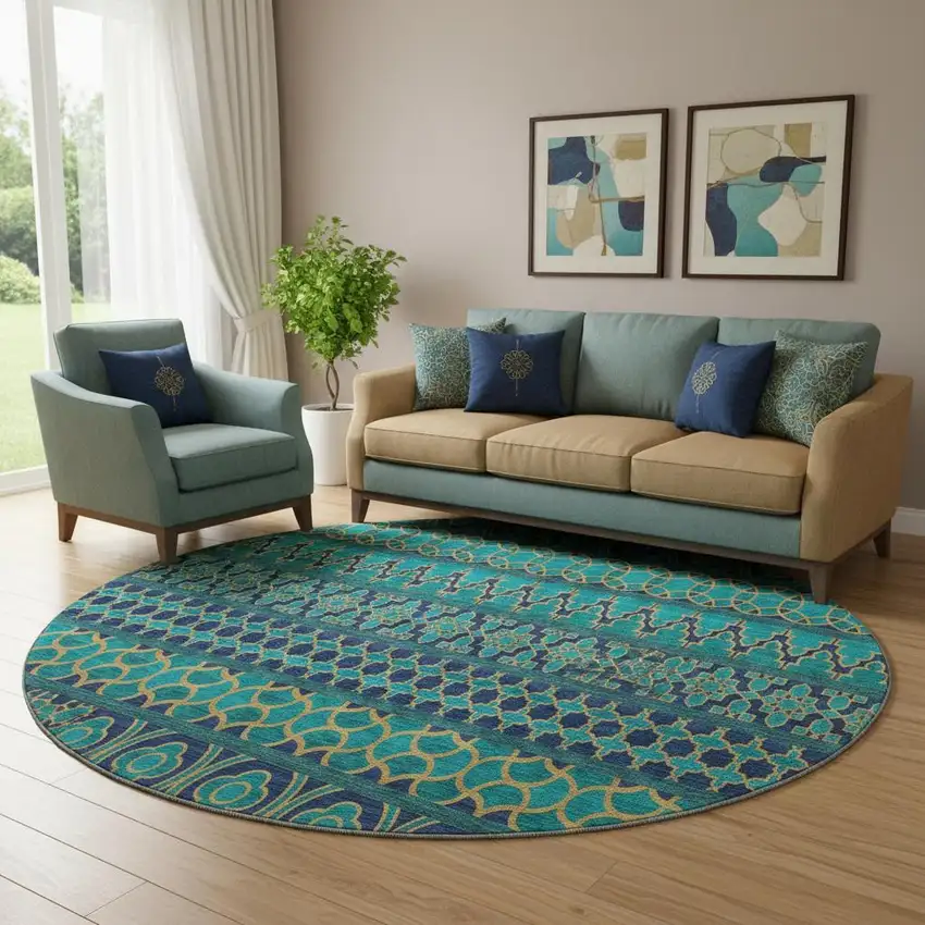 8' Teal And Gold Ikat Washable Round Rug With UV Protection Photo 1