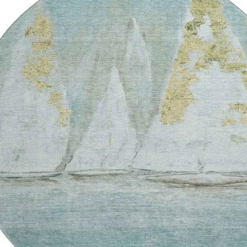 8' Teal And Gold Nautical Washable Round Rug With UV Protection Photo 3