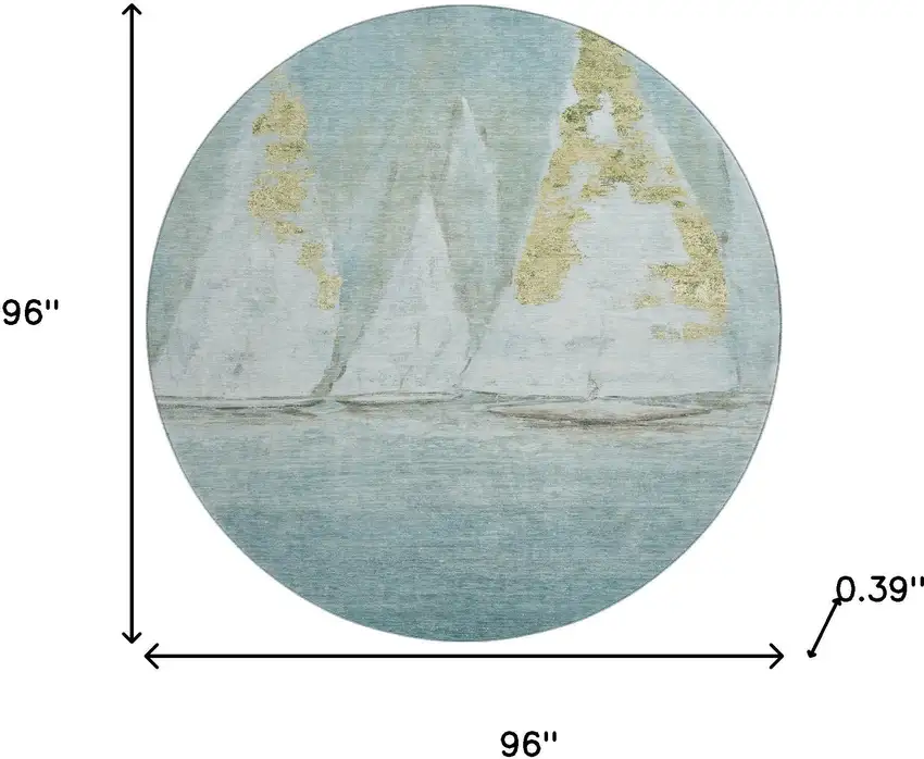 8' Teal And Gold Nautical Washable Round Rug With UV Protection Photo 8