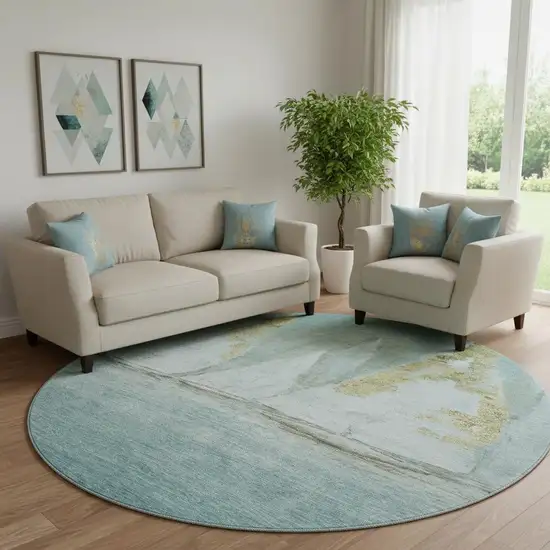 8' Teal And Gold Nautical Washable Round Rug With UV Protection Photo 2