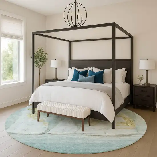 8' Teal And Gold Nautical Washable Round Rug With UV Protection Photo 5