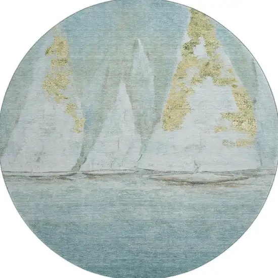8' Teal And Gold Nautical Washable Round Rug With UV Protection Photo 4