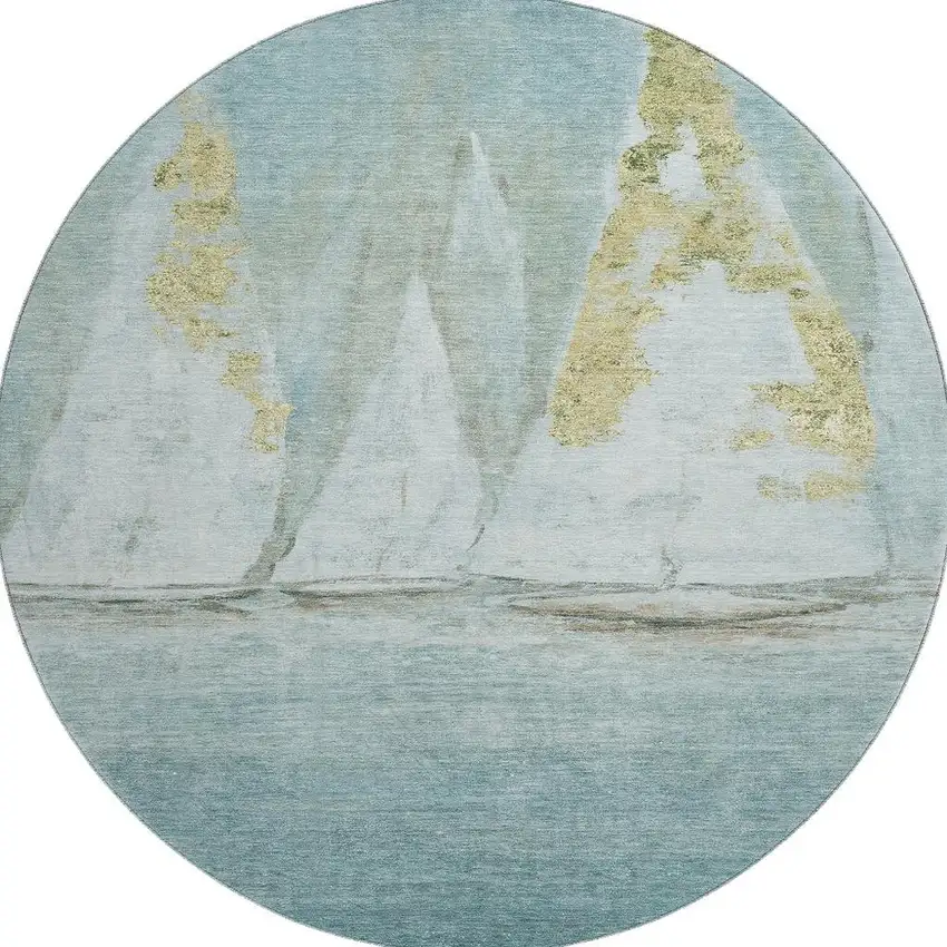 8' Teal And Gold Nautical Washable Round Rug With UV Protection Photo 4