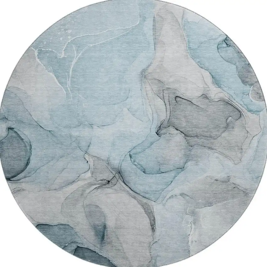 8' Teal And Gray Abstract Washable Round Rug With UV Protection Photo 3