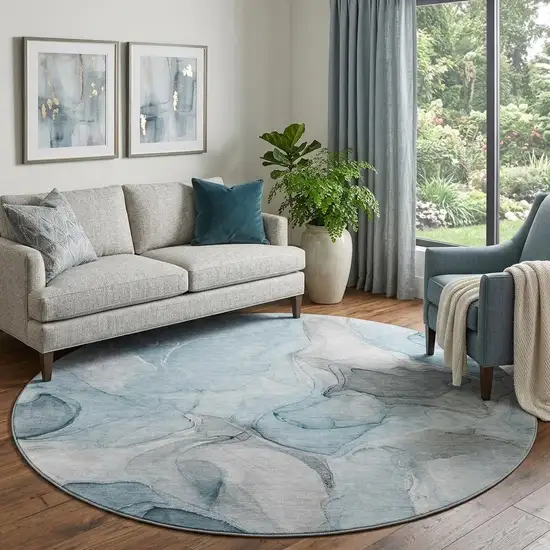 8' Teal And Gray Abstract Washable Round Rug With UV Protection Photo 1