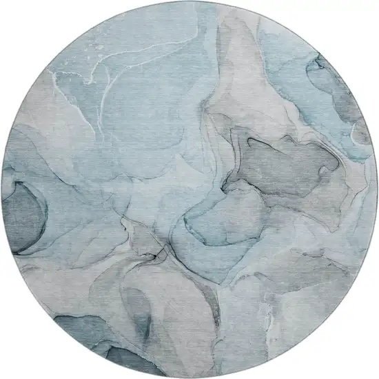 8' Teal And Gray Abstract Washable Round Rug With UV Protection Photo 1