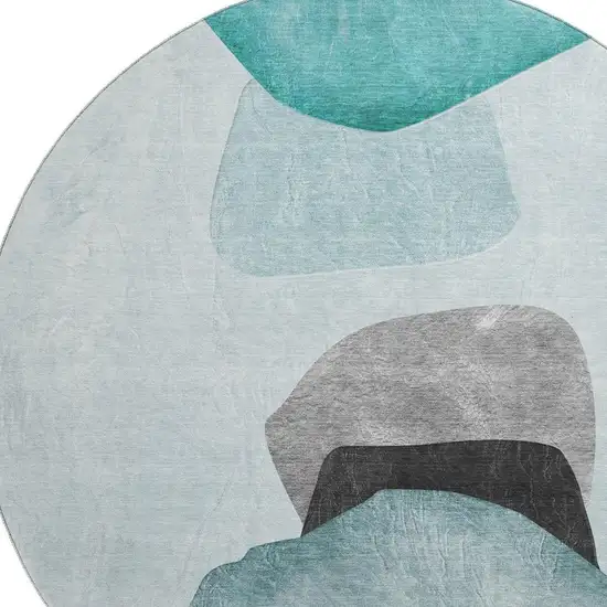 8' Teal And Gray Abstract Washable Round Rug With UV Protection Photo 3