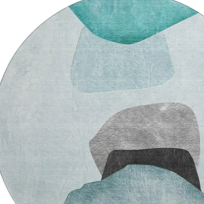 8' Teal And Gray Abstract Washable Round Rug With UV Protection Photo 3