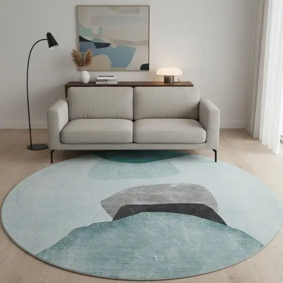 8' Teal And Gray Abstract Washable Round Rug With UV Protection Photo 2