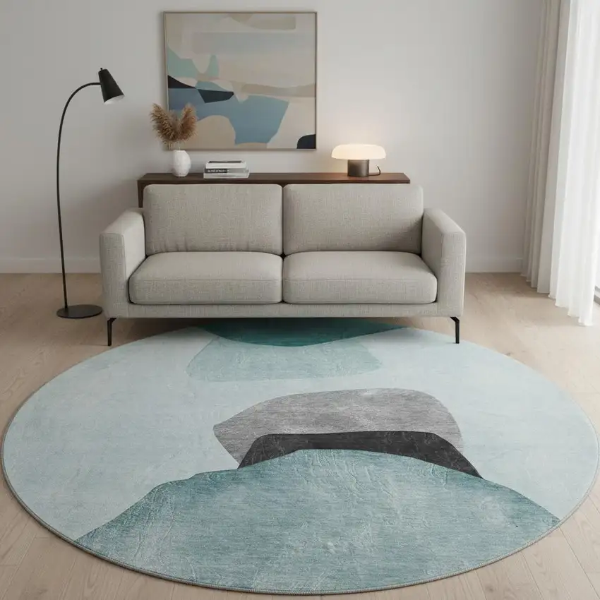 8' Teal And Gray Abstract Washable Round Rug With UV Protection Photo 2