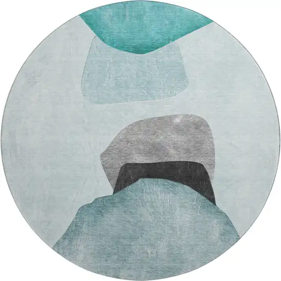 8' Teal And Gray Abstract Washable Round Rug With UV Protection Photo 1