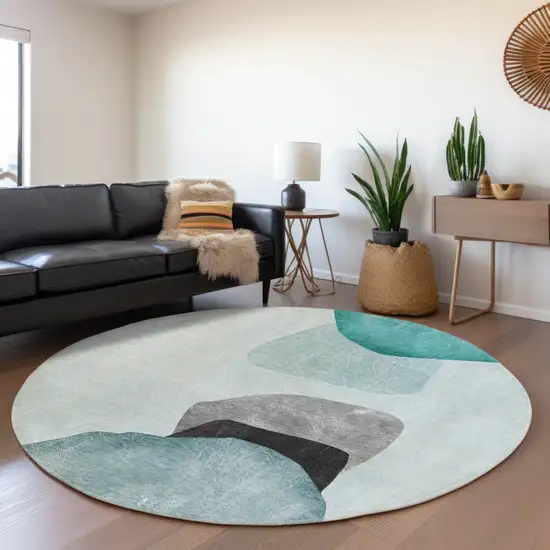 8' Teal And Gray Abstract Washable Round Rug With UV Protection Photo 5