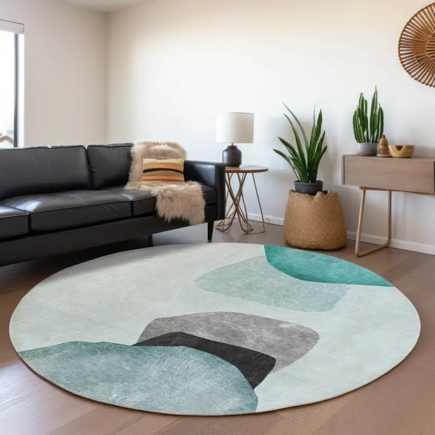 8' Teal And Gray Abstract Washable Round Rug With UV Protection Photo 5