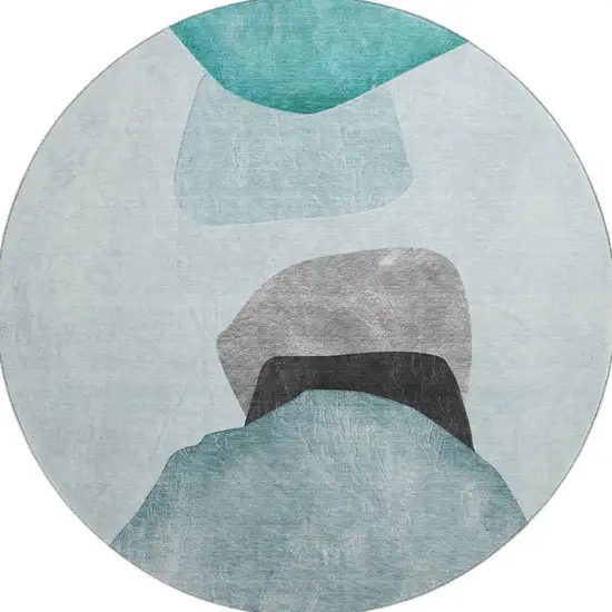 8' Teal And Gray Abstract Washable Round Rug With UV Protection Photo 4