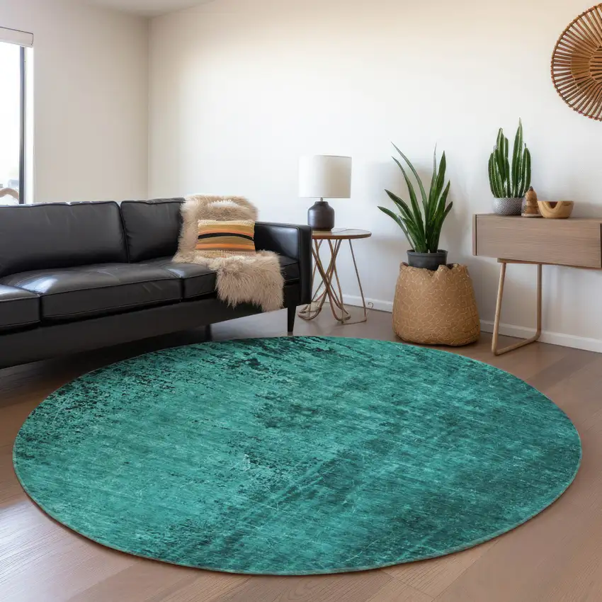 8' Teal And Gray Abstract Washable Round Rug With UV Protection Photo 5