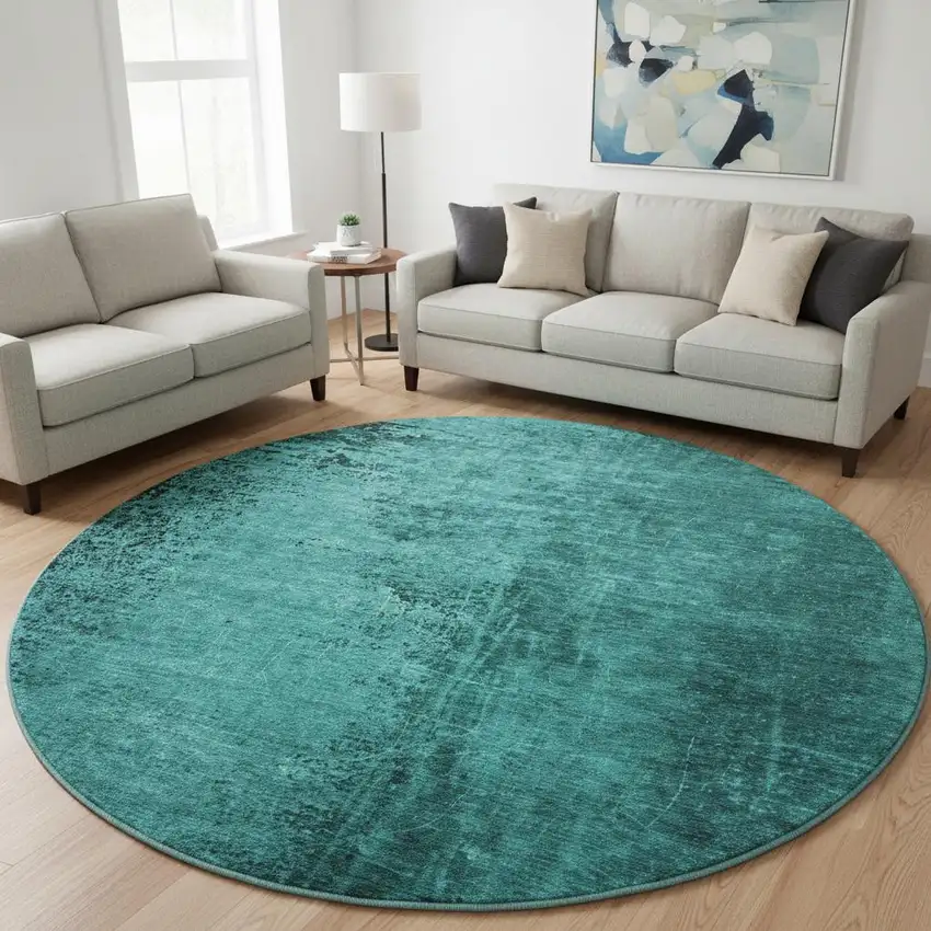 8' Teal And Gray Abstract Washable Round Rug With UV Protection Photo 2